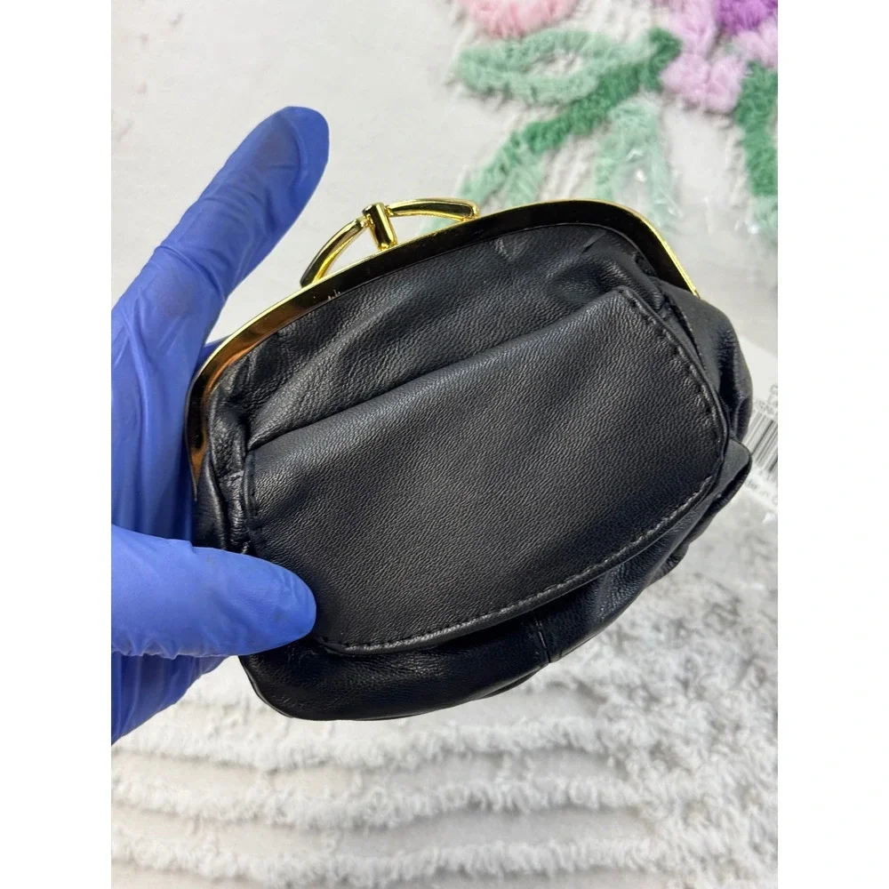 Classic Black Sheep Leather Dual Clasp Large Coin Purse Gold Hardware USN-6573